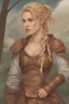 Placeholder: A drawing of beautiful woman with blond hair, viking braids, undercut. Brown leather armor.