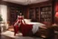 Placeholder: photorealistic Vampirella in a bedroom with wooden furniture, bookcases and opulence