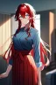 Placeholder: girl, masterpiece, best quality, cinematic lighting, detailed outfit, vibrant colors, perfect eyes, blue eyes, long hair, red hair, messy hair, hair between eyes, indoors, depth of field, ray tracing, hakama,