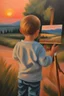 Placeholder: Canvas texture, the scream style, A PEACH FUZZ painting of an amazing landscape picture in gouache, fast minimalistic brushstrokes, an amazing PEACH FUZZ sunset shimmering in bright colors PEACH FUZZ, Rear view of a very small boy with a brush in hand, standing in front of an easel and painting the landscape. Texture of the canvas oil paints