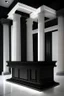 Placeholder: Museum reception desk with black walls, white floor, hidden or rich lighting with columns at the back