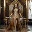 Placeholder: Photography,girl,full body,sitting luxury big chair,looking front view,brown long hair, gown dress mechanical,delicate gold and full diamonds colors crystal jewelrys,silver metalic parts, golden parts, intricate armor, detailed part,Movie Still