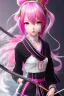 Placeholder: Cute anime Kunoichi girl, electric pink hair buns, pink bangs, splendid high fashion black designer kimono, red sword handles, black ninja scarf, body portrait, pink ribbons, slight smile, black constellation motif, windy, concept art, mini tornado stickers, black fishnet wear, highly detailed, digital painting, artstation, concept art, sharp focus, illustration, art by WLOP and greg rutkowski and alphonse mucha and artgerm and yanjun chen