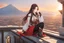 Placeholder: a young woman with long brown hair, red eyes, pale skin, wearing Genshin Impact inspired clothing, highly detailed, intricate background, sitting on rooftop during sunset, contemplative