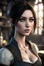 Placeholder: A female breton barmaid from Skyrim with light blue eyes, brunette, melancholic, wholesome