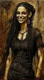 Placeholder: highly detailed, full body oil painting, petite, smiling, goth woman of Spanish and Lebanese heritage with long dark braided hair, sharply defined angular facial features, anatomic perfection, by Andrea Kowch> <Yoji Shinkawa><Arthur Rackham> <Jean-Giraud Moebius, saturated vibrant natural color tones, precisely drawn and inked, 8k resolution
