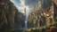 Placeholder: a wide waterfall falling upon a medieval european city at the end of a steep, narrow, 3.000 feet tall ravine. a masterpiece, fantasy concept art, dynamic lighting, hyperdetailed, intricately detailed, deep color, Unreal Engine, volumetric lighting, Epic cinematic brilliant stunning intricate meticulously detailed dramatic atmospheric maximalist digital matte painting