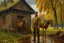 Placeholder: Fascinating, ultra-realistic nature in the photo. Golden autumn. A 32-year-old man in 19th-century Russian clothes stands with his head raised to the sky, raindrops dripping on his face. In the background, a 19th-century estate and three horses stand at the outhouse.