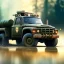 Placeholder: hyperrealistic shot, military toy truck, earth color palette, sharp focus, puddle reflection, tire water splash, refraction, mist on the horizon, shadowcast, detailed and intricate, cinematic composition, micro, tilt shift photography