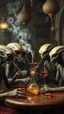 Placeholder: Bosch painting style nightmare , 3D , a group of ET s Aliens are smoking Hookah and alcohol in a cafe with middle eastern decor on the background, high Quality picture , 8k