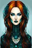 Placeholder: Create a wild, imaginative, full body, cybernetics enhanced, auburn haired goth girl with highly detailed facial features, in the vector graphic style of Nirak1,Christopher Lee, and Cristiano Siqueira, vibrant colors, sharply defined, 2d vector