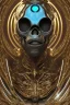 Placeholder: black male African alien, cracks in the voodoo head, wicked, Asian eyes, crown, blood, 8k, finely detailed, photo realistic, Boris Vallejo style turquoise skull head gold dragon space alien rain skeleton gold tooth silver helmet silver space suit spaceships