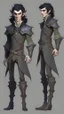 Placeholder: turnaround character of a man elf, he has curly, black hair and sharp cheekbones. His eyes are black. pale skin. He wears fantasy medieval clothes. full body with boots