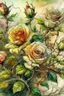 Placeholder: magic sketch, delicate drawing, watercolor painting, beautiful landscape, a branch of lush non-pink lace roses with buds, many large and small flowers, buds, different shades of color, pixel graphics, many details, sensuality, realism, high quality, decoration, hyperdetalization, professionally, filigree, hyperrealism, backlight, contrast, fantastic, fabulous, unreal, translucent, luminous, clear lines, light green, bluish background at the top, white edges