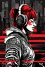 Placeholder: vector t-shirt design ready to print, cyberpunk, illustration profile of red led female samurai in a mask, wearing over head headphones staring down, side view looking to the right, tokyo Japanese background, pro vector, high detail, vibrant, Japanese hologram symbols, barcode design