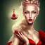 Placeholder: One full portrait of a beautiful queen,has pale blonde hair and green eyes, red lips, wearing red dress