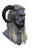 Placeholder: A tieffelin with blue skin and white Dreadlock hair. His pupil-less eyes are green. He wears a small beard.