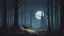 Placeholder: a woods environment, at night, with a crow staring