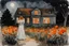 Placeholder: Night, one woman, orange flowers, gothic horror movies influence, distant house, epic, winslow homer watercolor paintings