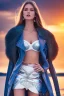 Placeholder: half body shot,realistic portrait of a 20-25 old caucasian model, long blue pink flowing hair, great grey eyes, blue leather jacket,full body, short white skirt,long legs,standing at beach of very nive lake with sunset ,clouds,godrayes