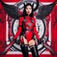 Placeholder: Photo of an asian woman superheroe strapped in a red, futuristic harness with mechanical elements. The background features a large black and white Baphomet sigil on a red backdrop, adding an occult or mystical theme to the image. red heel thigh-highs, creating a striking and cohesive look.