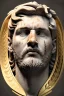 Placeholder: Ultra Realistic image, Roman sculpture, white marble material, Lionel Messi, gold Laurel leaves wreath, renaissance ornaments, one gold star in heart, marble background, chisel style, waist up portrait, emperor style, epic, celestial, cinematic lighting, God light, god rays, 4k resolution, smooth details, ornate details, soft lighting, unreal engine 5, art station, substance 3d.