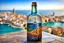 Placeholder: bottle art, ((stepwise colours mosaic texture)) on tall glass bottle painted, stunning , high detailed, sharp focus, in background a mediterrane landscape, old city, photorealistic Professional photography, bokeh, natural lighting, canon lens, shot on dslr 64 megapixels sharp focus