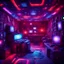 Placeholder: A geek room in space , with red, Purple and blue lights, chaotic and confusing, optical illusion, discomfort in vision