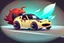 Placeholder: whimsical cartoony sports car with a small mascot character driving it, celshaded comic style, happy atmosphere