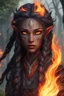 Placeholder: Fire Eladrin druid female. Hair is long and bright black part glows. Part of hair is braided and fire comes out from it. Big bright red eyes. Is generating fire with her hands and fire are coming our off them . Skin color is dark. Has a big deep scar on face.