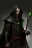 Placeholder: full length, mantle, hood removed, black with, holding a spear in his hand,