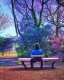 Placeholder: park mystical dream, park bench, man, woman, child, dog, pretty blue and purple trees, blue path, bird, jogger, sunshine, mystical, fantasy, romanticism, cinematic, award-winning, beautiful colors, daylight, daytime,