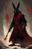 Placeholder: Male rabbitfolk with black fur wearing blood red and black robes in a fantasy setting, sorcerer of death