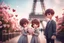 Placeholder: cute chibi mahogany haired girl with a short, silver haired boy, Eiffel tower, heart and love, flowers in Paris, ethereal, cinematic postprocessing, bokeh, dof