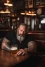 Placeholder: full body shot photography of a burly tired muscular beefy stocky viking tattoed 48 years old, lying down relaxing on a table full of glasses of beer, in irish pub, manly chest, shirtless, hairy torso, dressed wth traditional dress,, long hair, long beard, emotive eyes, big shoulders, ambient occlusions, photorealistic , aerial view