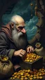 Placeholder: Bosch painting style nightmare, A greedy old man with bear and big nose busy counting his gold coins and jewellery in a box and bags , he looks mean to the view