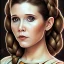 Placeholder: round framed complete and ultra realistic detailed head to waist portrait of young carrie fisher as Princess Leia with realistic hairstyle by Mandy Jurgens and mucha and Richard Schmid and chuck close and chie yoshii, extraordinary and detailed ceremony dress of star wars,brown eyes