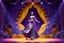 Placeholder: modern stage with gray-dark yellow blueish violet theme artistic decoration , color full dynamic lighting, a beautiful lady in maxi dress with shining silver jewels ,curvy long hair,dancing, 3D recursive fractal structure animating background