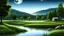 Placeholder: nature bakground, realistic, lake, meadow, waterfall, moon, small farm in right corner