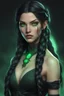 Placeholder: Hexblood warlock female. Lightly tanned skin. Long, thick, silky jet-black hair reaching her waist, with a center part and two loose Dutch braids starting at her temples, flowing into the rest of her straight hair. A few soft strands frame her face. Bright glowing pale emerald-green eyes. Delicate facial features, full lips, high cheekbones and a soft mischievous smile. Subtle dark vine-like markings across her neck and collarbone.