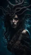 Placeholder: dark fantasy, siren, tattoed, close up, intricate details, insane details, volumetric lighting, ominous atmosphere, ominus lights, spectral atmosphere, underwater scenario, modelshoot style