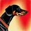 Placeholder: black and brown dachshund in a reindeer costume profile impressionism