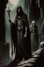 Placeholder: 1970's dark fantasy book cover art dungeons and dragons style drawing of the grim reaper and paladin with minimalist far perspective