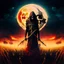 Placeholder: double exposure brilliant fantastical Grim Reaper with red glowing eyes photo layered with moon rising over field of the wailing damned, dark-gold scythe, Eldritch aesthetic, dynamic composition, heavy metal magazine cover art