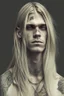 Placeholder: Long blond straight hair, neck tattoos, blind, man