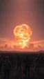 Placeholder: A field of random people in a bright lighting , at the end of the picture the universe with stars sky background with a huge nuke explosion behind the explosion