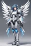 Placeholder: High quality 4K illustration of 25 year old anime style woman, full body with white armor, ultra detailed, modern, matte color details. The intricate design of the mecha features multi-layered scale armor and complex elements. The armor is light and tight, detailed on his legs. With enormous black and white wings extending from her back, her long blue hair is styled with diagonal bangs in a French braid. Red scarf around the neck. Bright white background, high brightness and contrast, cinematic