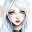 Placeholder: A young woman with long white hair, silver eyes, long eyelashes, very pale complexion, very shy, watercolor splotchy background, soft brushstrokes, intricately detailed