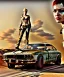 Placeholder: Realistic image. Mad max car. woman in the foreground. BMW 4 series. 4k resolution, intricate details, ornate details, soft lighting, vibrant colors, mad max background