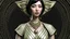 Placeholder: pale alien woman wearing exotic clothing. Black hair bob